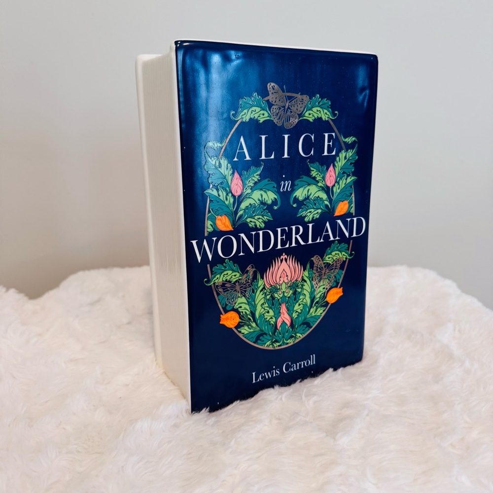 Ceramic Faux Book Shaped Vase Alice In Wonderland Whimsical Garden Decor NEW